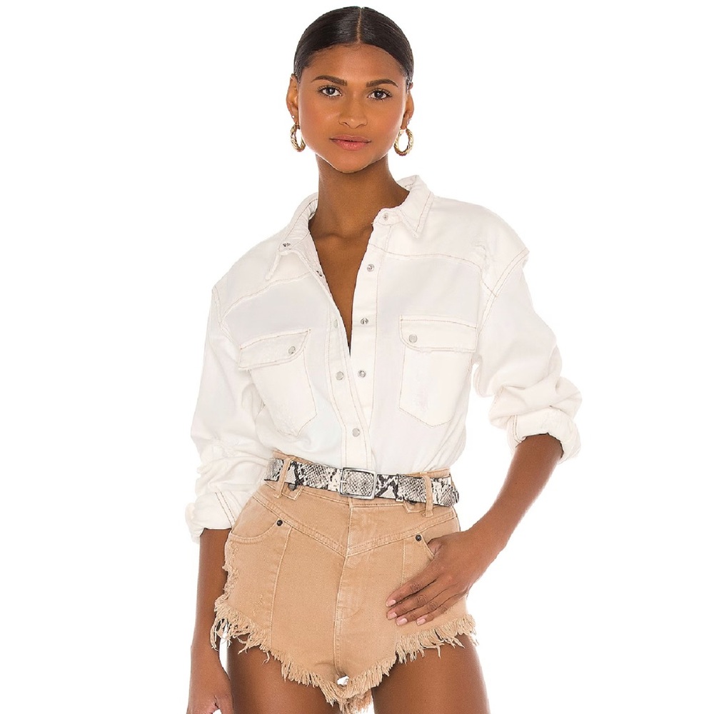 RETROFÊTE Dora Distressed Denim Shirt Jacket - Vintage White